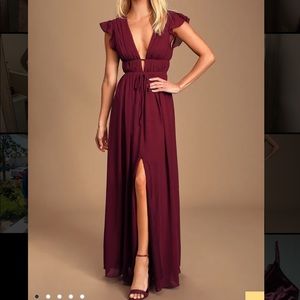 “I’m All Yours Burgundy Ruffled Maxi Dress” Lulus